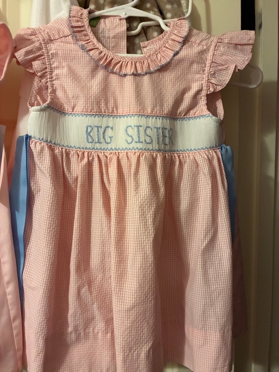 Classic Whimsy Other - Big Sister Pink Gingham Smocked Dress with Blue Trim